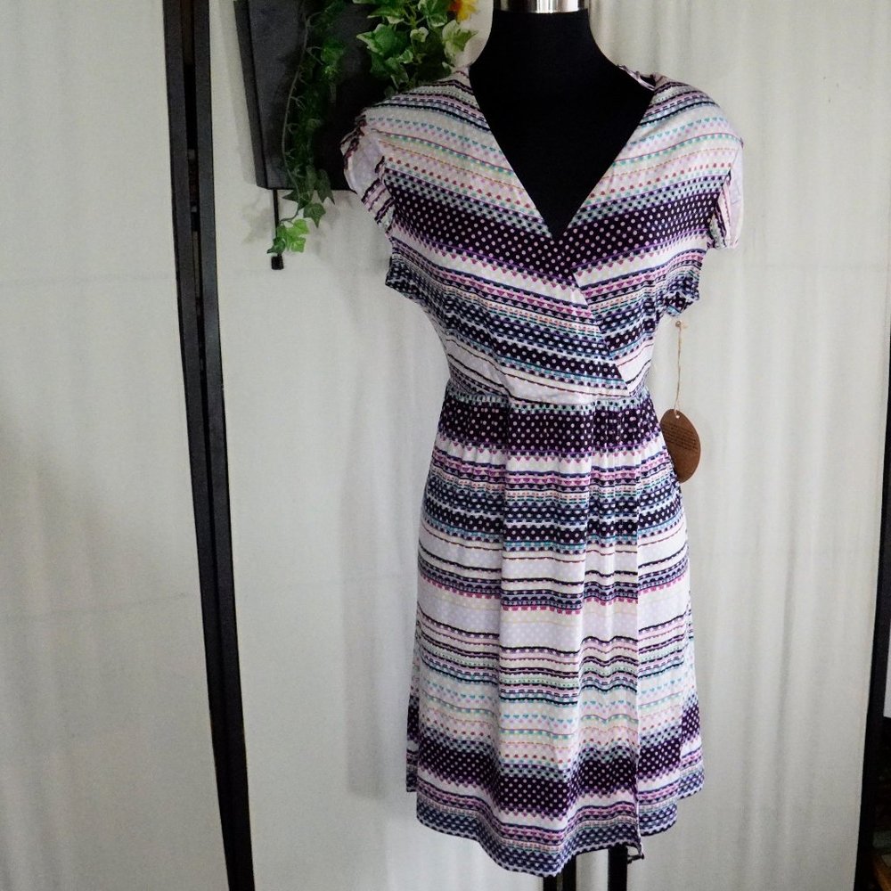 DAKINI Fuax Wrap Dress Pink Stripes Dots NWT sz L